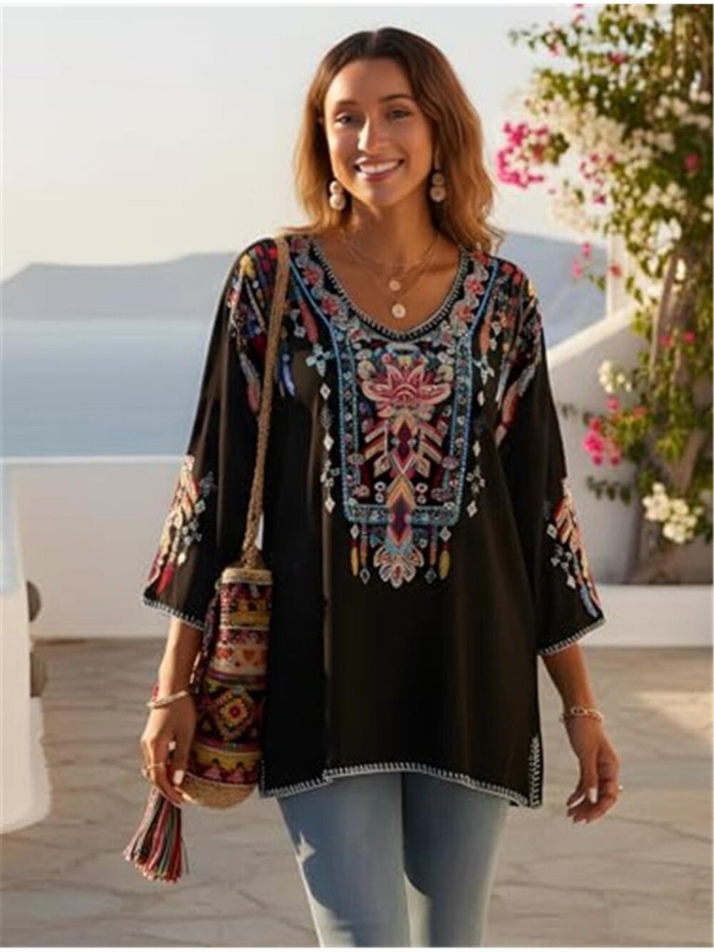 Women's Mexican Embroidered Shirt Bohemian 3/4 Sleeve Tunic Top - Picture 5 of 7